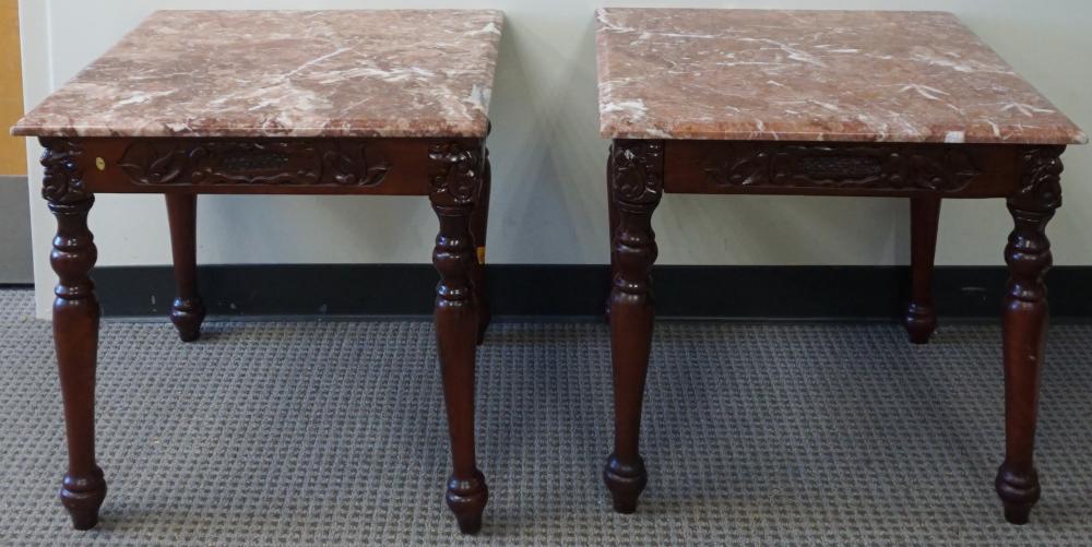 Appraisal: PAIR CHINESE FRUITWOOD MARBLE TOP SIDE TABLES X X IN