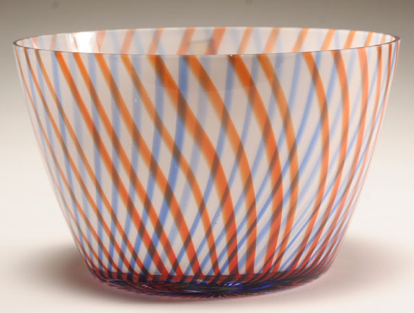 Appraisal: Fostoria white glass bowl with orange and blue crosshatching H