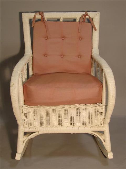 Appraisal: WHITE WICKER ROCKING CHAIR the rectangular back with vertical backsplats