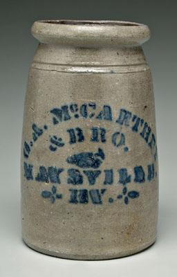 Appraisal: McCarthey Kentucky canning jar tapered stoneware with blue stenciled quot