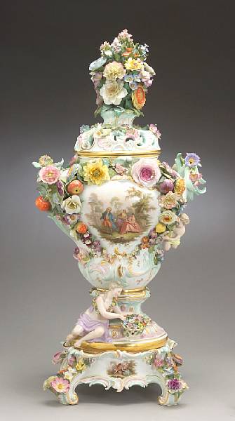 Appraisal: An impressive Meissen porcelain floral encrusted and painted two handled