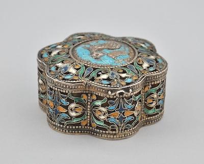 Appraisal: A Pierced and Enameled Silver Metal Box The lobbed hinged