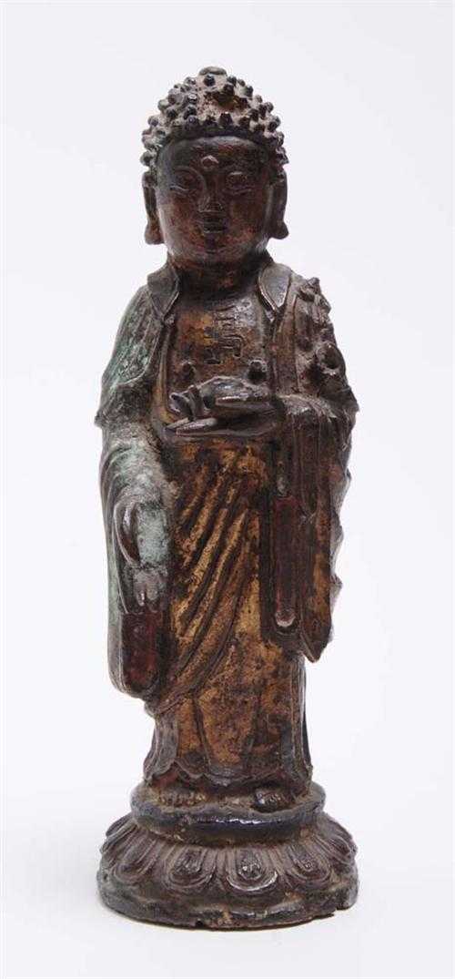 Appraisal: STANDING BUDDHA China Ming-Dynasty H cm Bronze with remains of