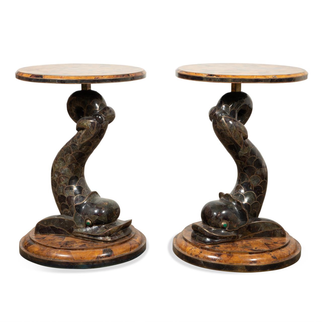 Appraisal: PAIR MAITLAND-SMITH DOLPHIN OCCASIONAL TABLES Pair of Maitland-Smith tessellated penshell