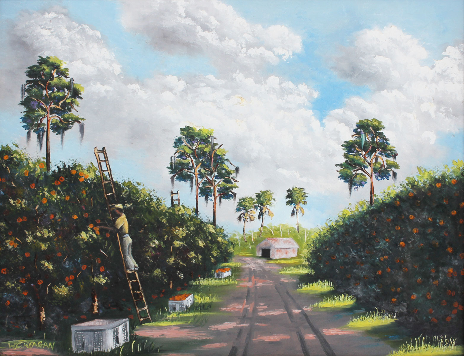 Appraisal: REAGAN Willie American Orange Grove Scene with Figure Picking Fruit