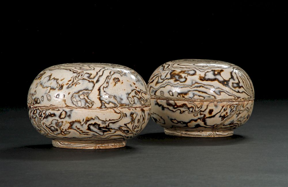 Appraisal: Pair Marbled Circular Boxes Covers Each with shallow rounded sides