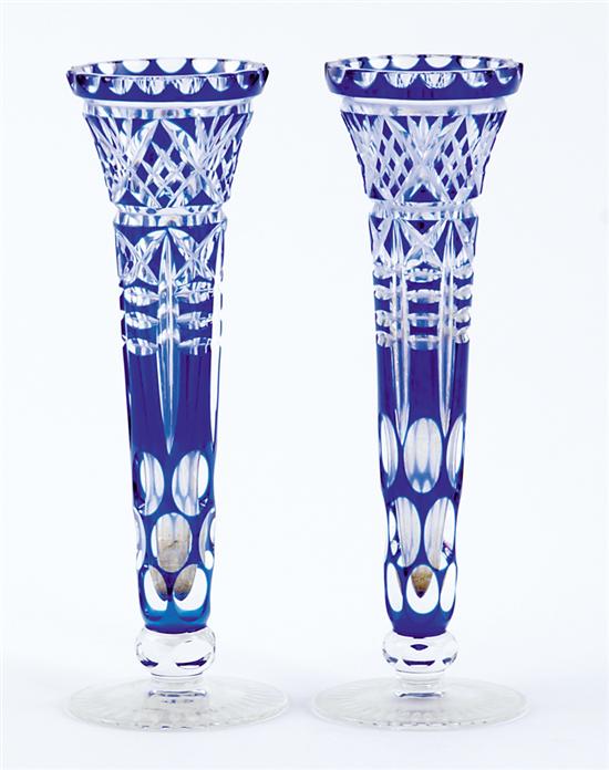 Appraisal: Pair cobalt-cut-to-clear bud vases with geometric decoration H Provenance Pittman-Parker