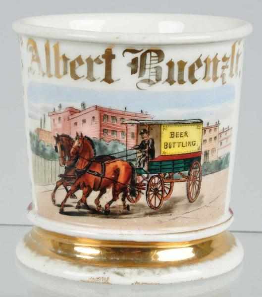 Appraisal: Beer Bottling Wagon Shaving Mug Description Stunning image of man