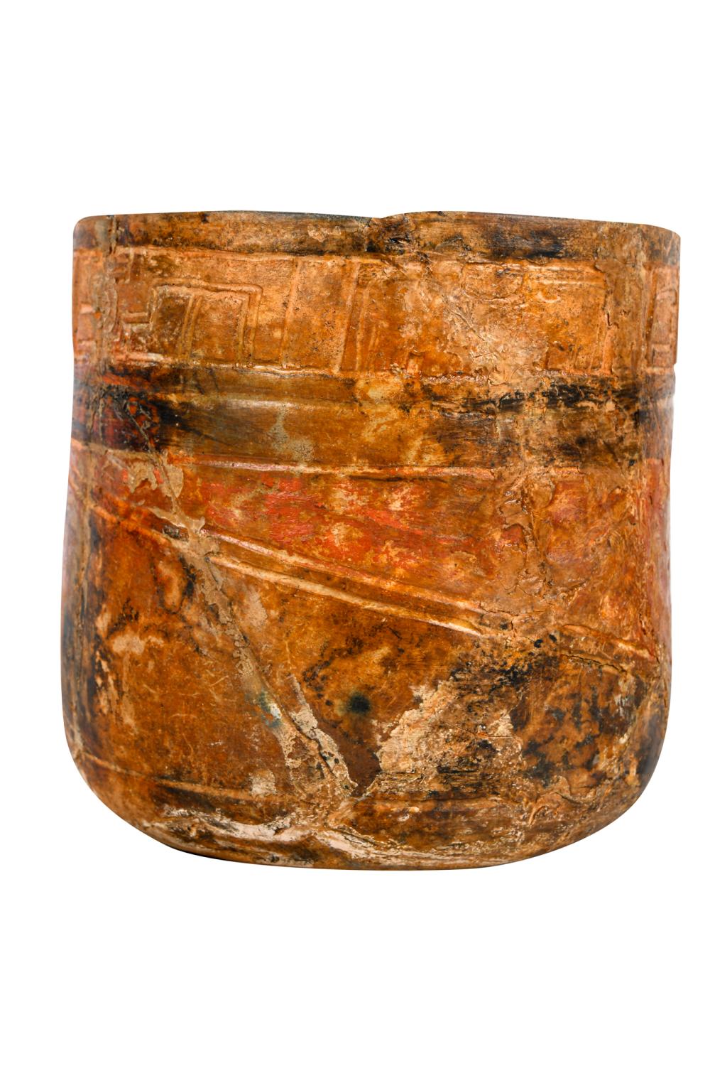 Appraisal: GUATEMALAN CYLINDRICAL POTTERY VESSELwith incised decoration inches diameter inches high