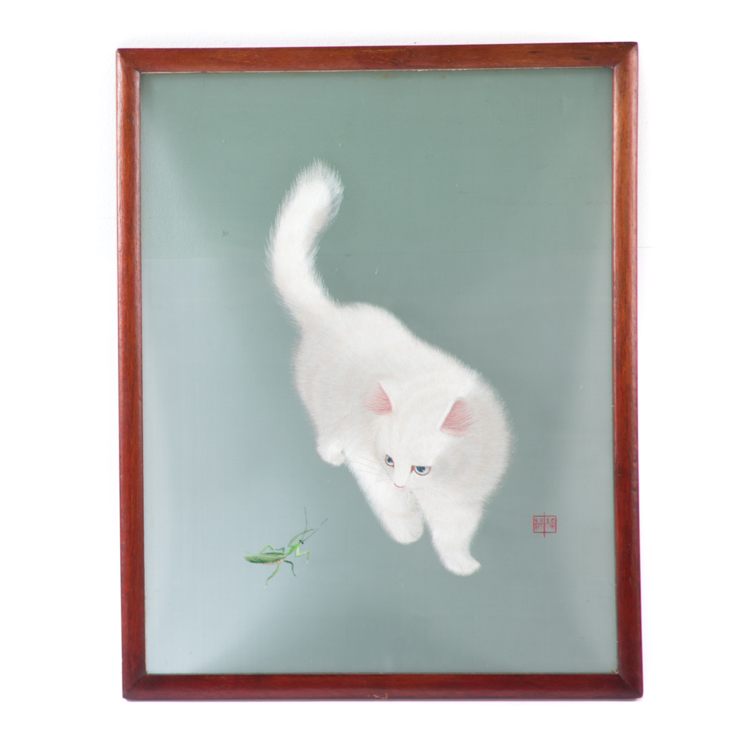 Appraisal: Japanese silk picture cat and mantis white cat and mantis