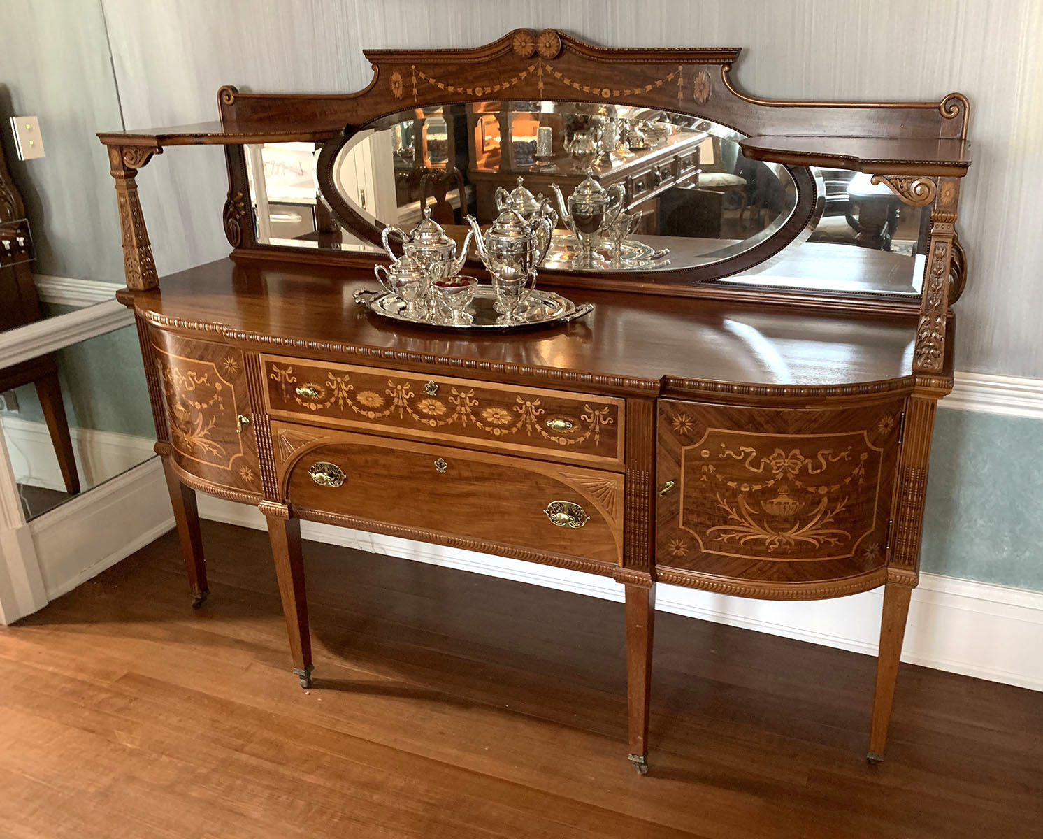 Appraisal: TH CENTURY AMERICAN MARQUETRY INLAID SIDEBOARD th century American sideboard