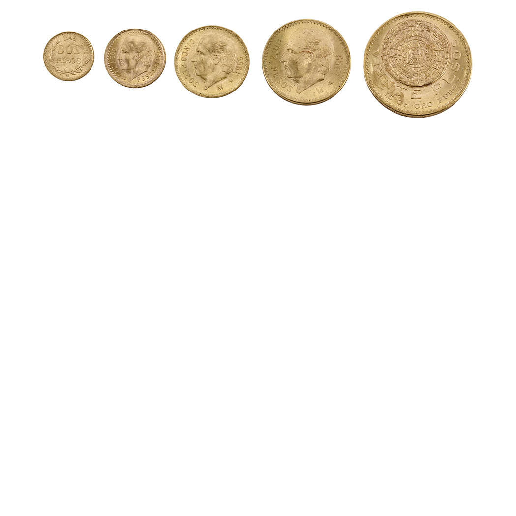 Appraisal: Mexico Five Gold Coins Comprising and pesos pesos and and