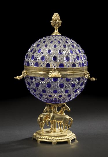 Appraisal: Faberge Ltd Brass-Mounted Cut Glass Caviar Server the cut blue