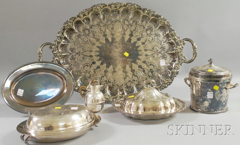 Appraisal: Six Silver-plated Serving Items including a large two-handled tray two