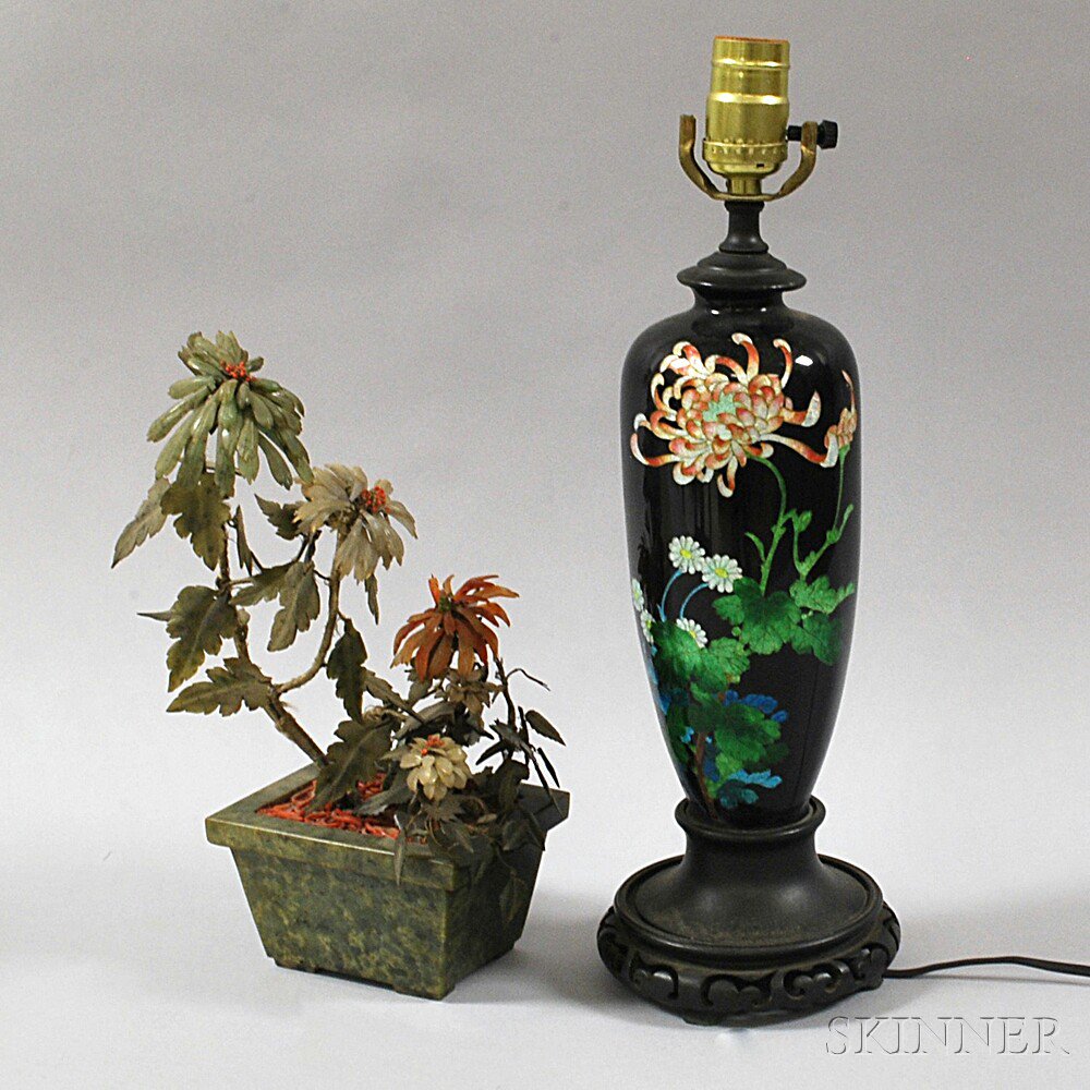 Appraisal: Hardstone Flowers and a Cloisonne Lamp China th century damage