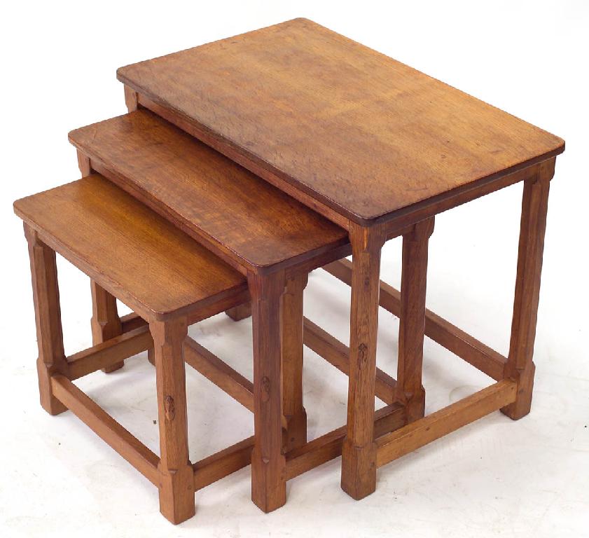 Appraisal: NEST OF THREE ROBERT MOUSEMAN THOMPSON OAK TABLES c each