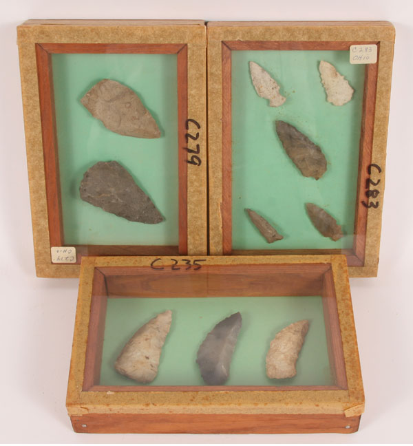 Appraisal: Three frames with total Artifacts C five arrowheads from Stark