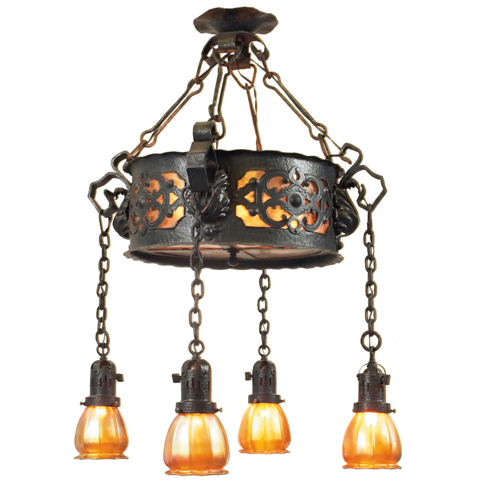 Appraisal: Arts and Crafts hanging fixture hammered copper and mica fixture