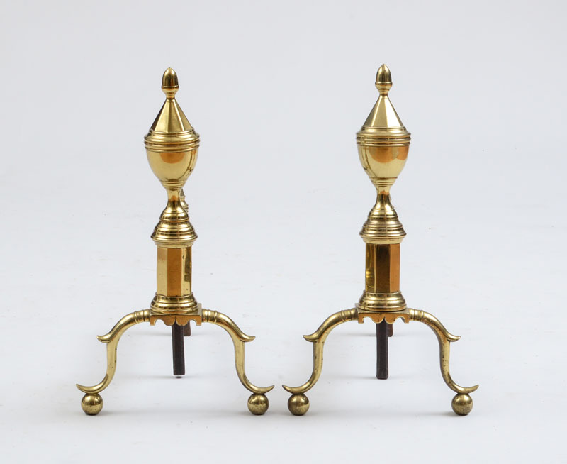 Appraisal: PAIR OF FEDERAL BRASS URN-TOP ANDIRONS C x x in