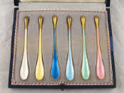 Appraisal: A cased set of six enamelled spoons probably for caviare