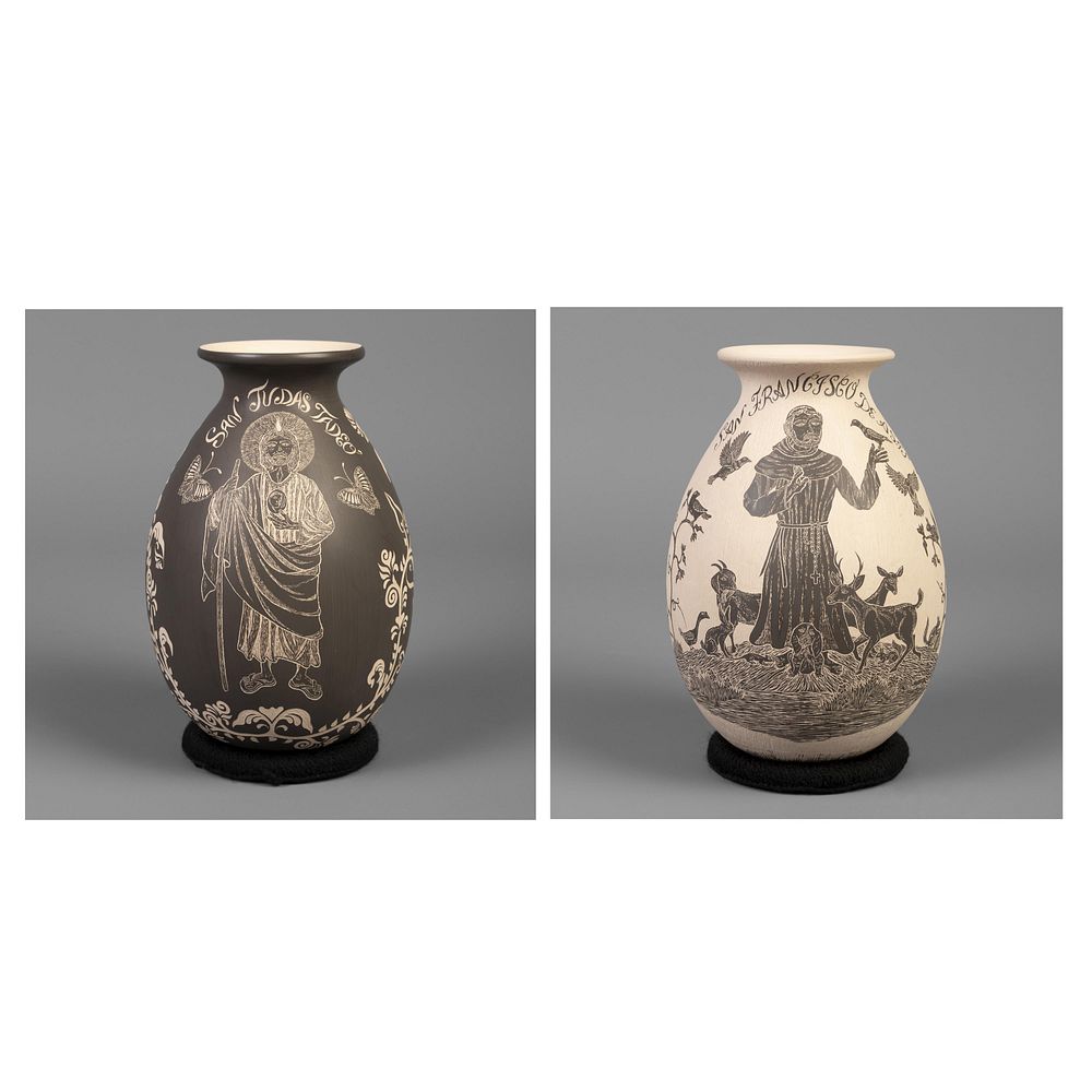 Appraisal: Javier Martinez Mendez Group of Two Sgraffito Saint Pots Javier