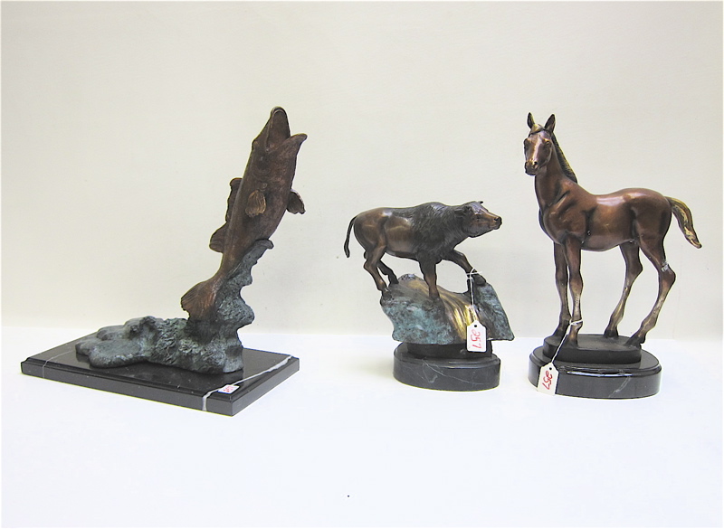 Appraisal: THREE BRONZE ANIMAL FIGURAL SCULPTURES consisting of a horse mule