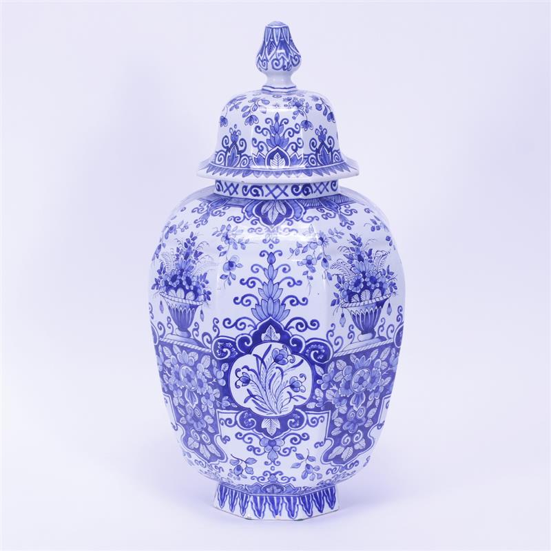 Appraisal: Large in Delft Blue and White Octagonal Covered Porcelain Urn