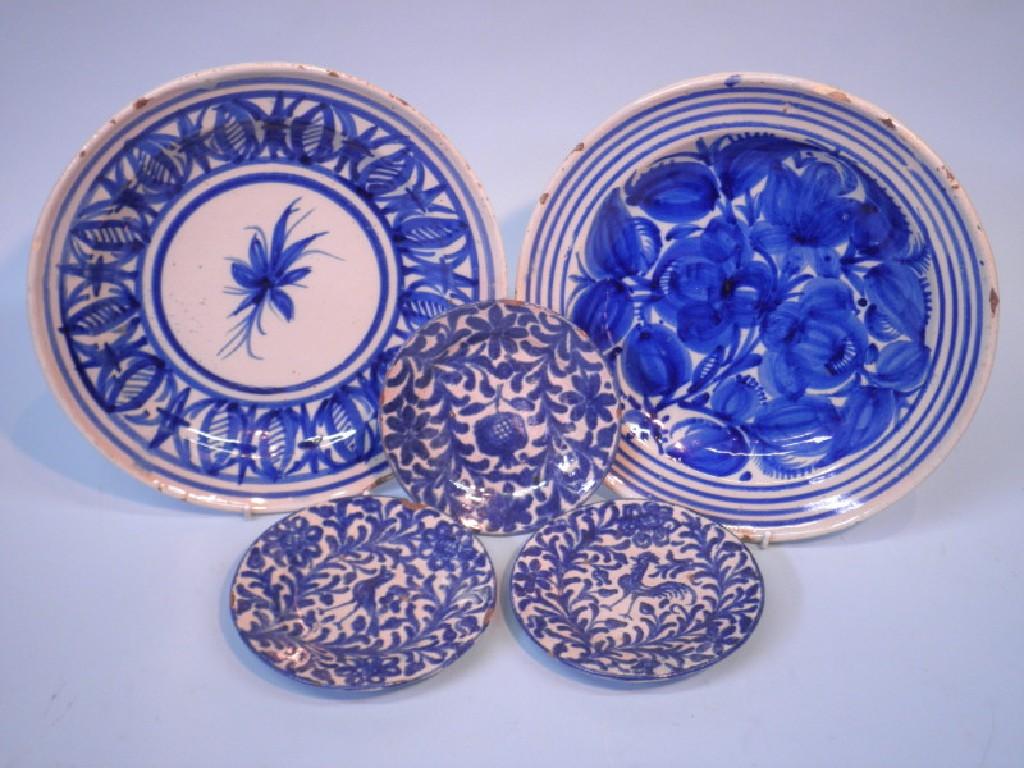 Appraisal: Two Continental tin glazed plates and three small plates each