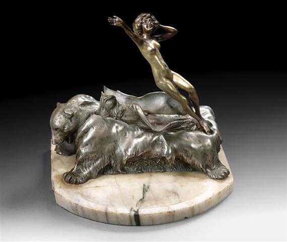 Appraisal: AUSTRIAN SCULPTURE circa Bronze with gold and silver patina on