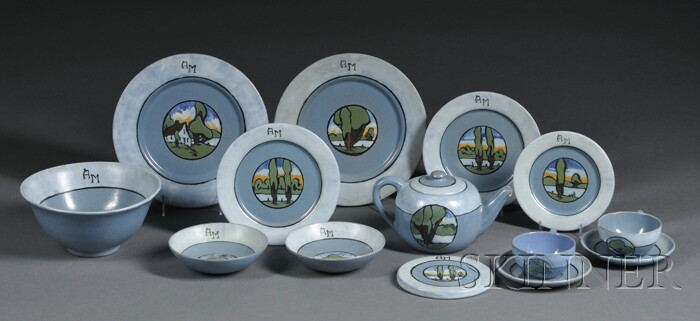 Appraisal: Set of Fourteen Paul Revere Pottery Table Items Decorated glazed