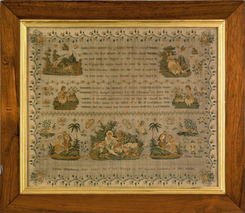 Appraisal: English silk on linen sampler dated wrought by Emma Whitehouse