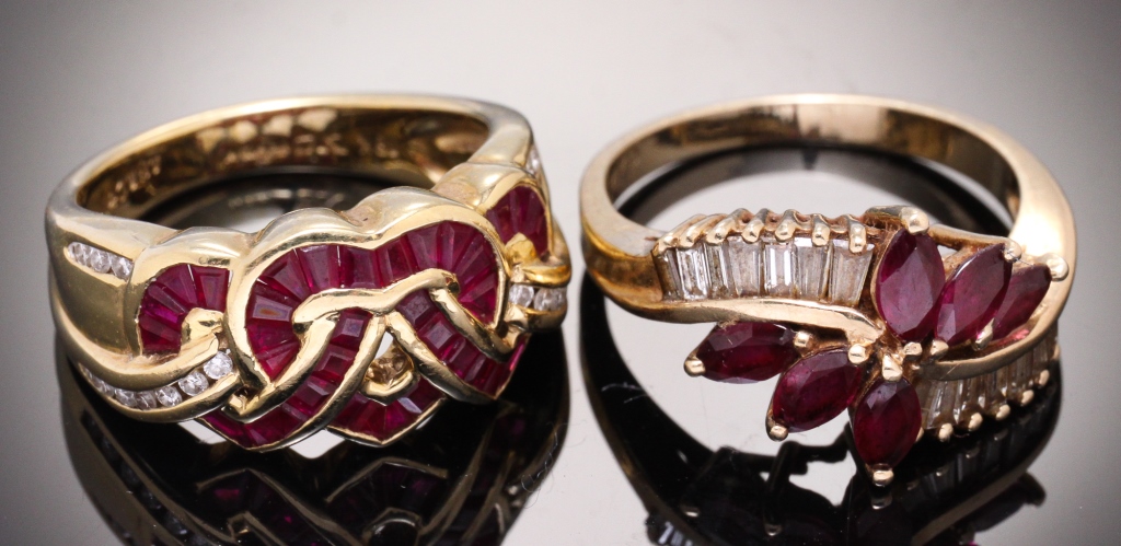 Appraisal: TWO VINTAGE YELLOW GOLD RUBY AND DIAMOND RINGS American th