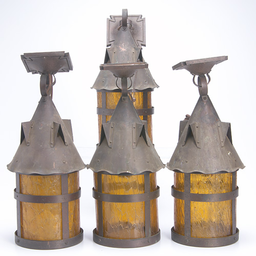 Appraisal: ARTS CRAFTS Four copper conical hanging lanterns lined with textured