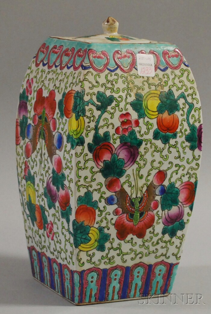 Appraisal: Asian Polychrome Enamel-decorated Porcelain Four-sided Jar with Cover ht in