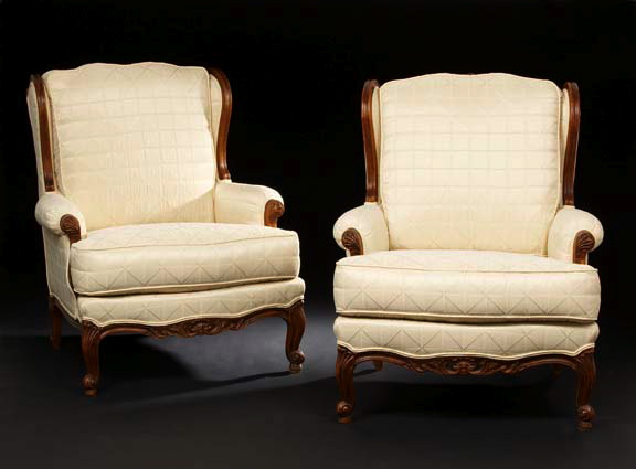 Appraisal: Handsome Pair of Louis XV-Style Carved Fruitwood Bergeres each with