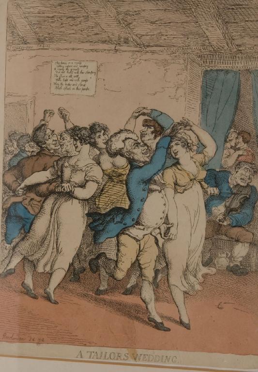 Appraisal: THOMAS ROWLANDSON HAND-COLOURED ENGRAVING A TAILORS WEDDING dated cm by