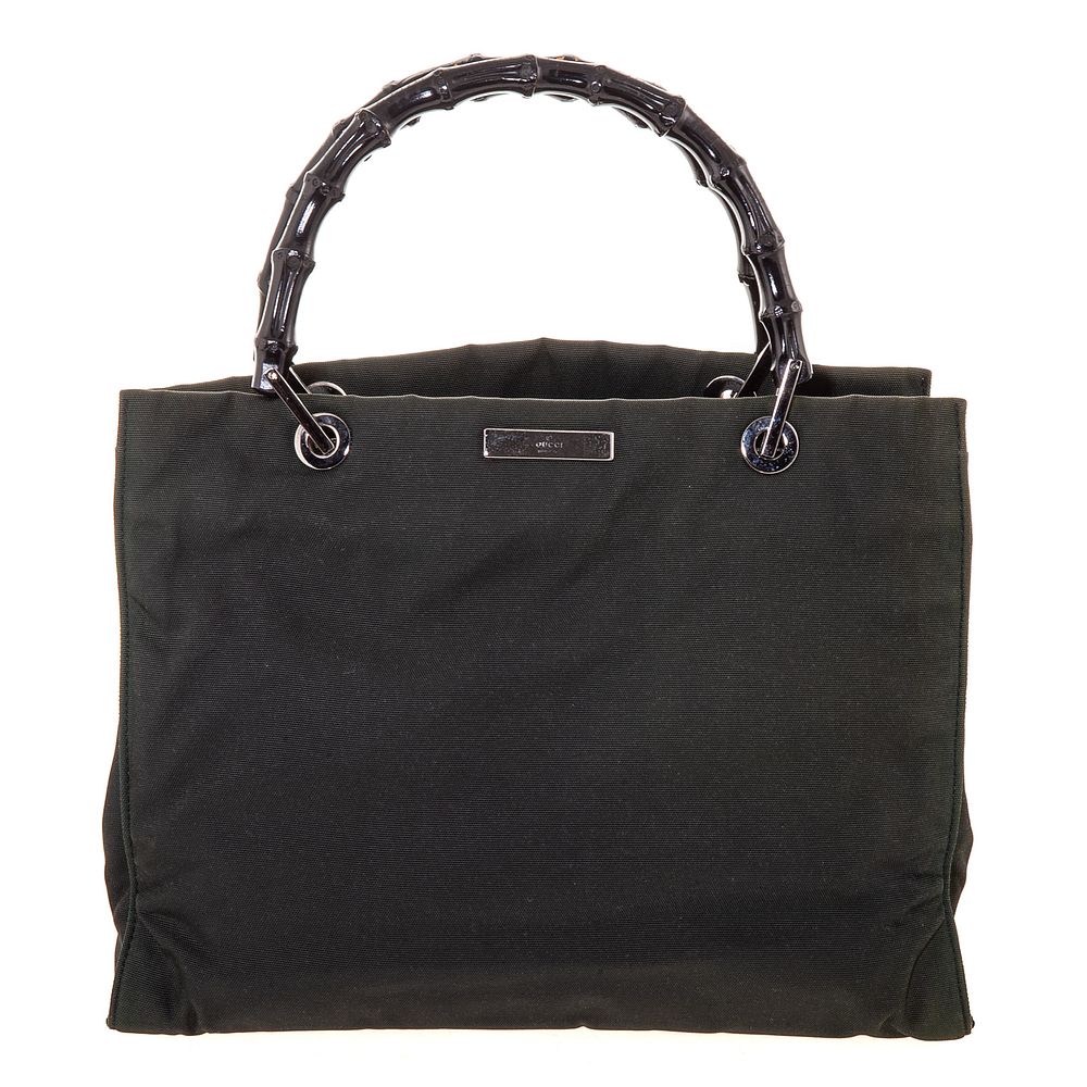 Appraisal: A Gucci Bamboo Handle Tote A dark green canvas Gucci