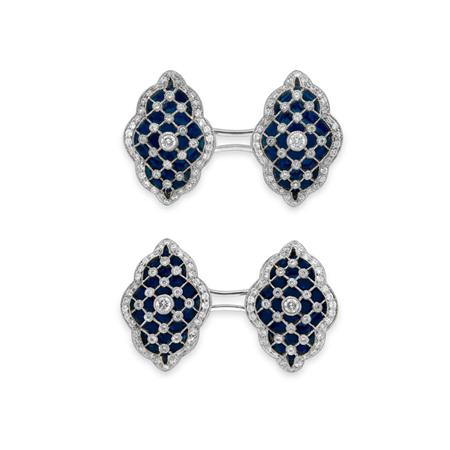 Appraisal: Pair of White Gold Blue Enamel and Diamond Cufflinks Estimate