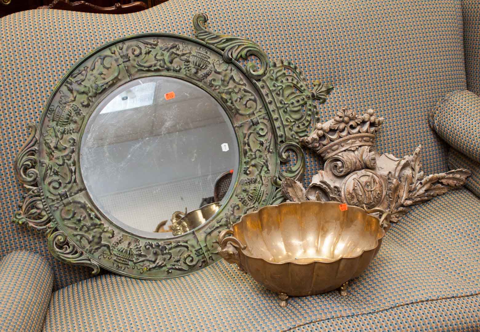 Appraisal: Three decorative items pressed metal mirror brass bowl with goat