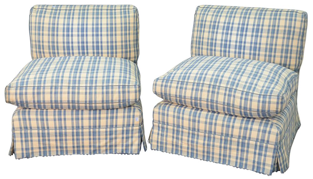 Appraisal: Pair of Custom Upholstered Slipper Chairs with blue and white