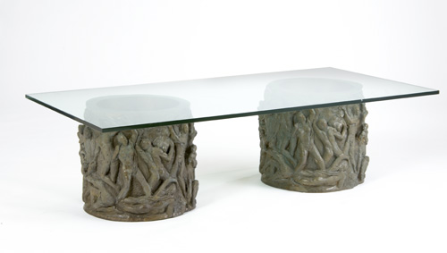 Appraisal: PHILIP KELVIN LAVERNE Coffee table with two cylindrical bronze bases