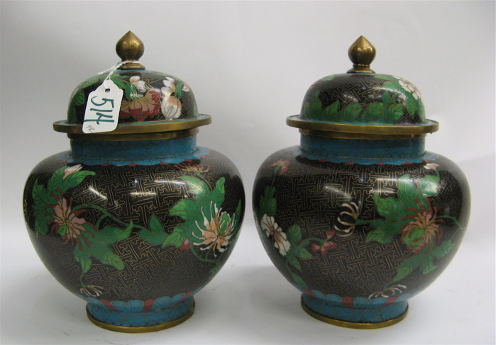 Appraisal: PAIR CHINESE CLOISONNE GINGER JARS floral decoration on black diapered