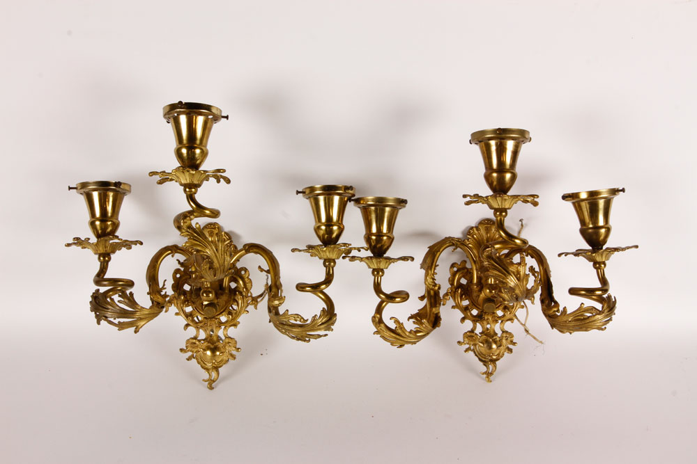 Appraisal: - Pair of Gilt-Brass Wall Sconces Pair of gilt-brass three