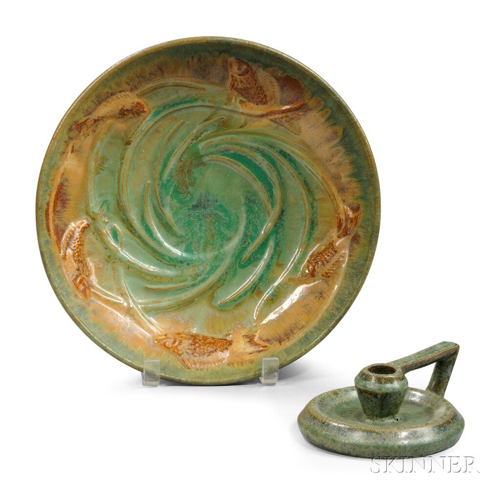 Appraisal: Fulper Pottery Bowl and Chamberstick Glazed earthenware Flemington New Jersey