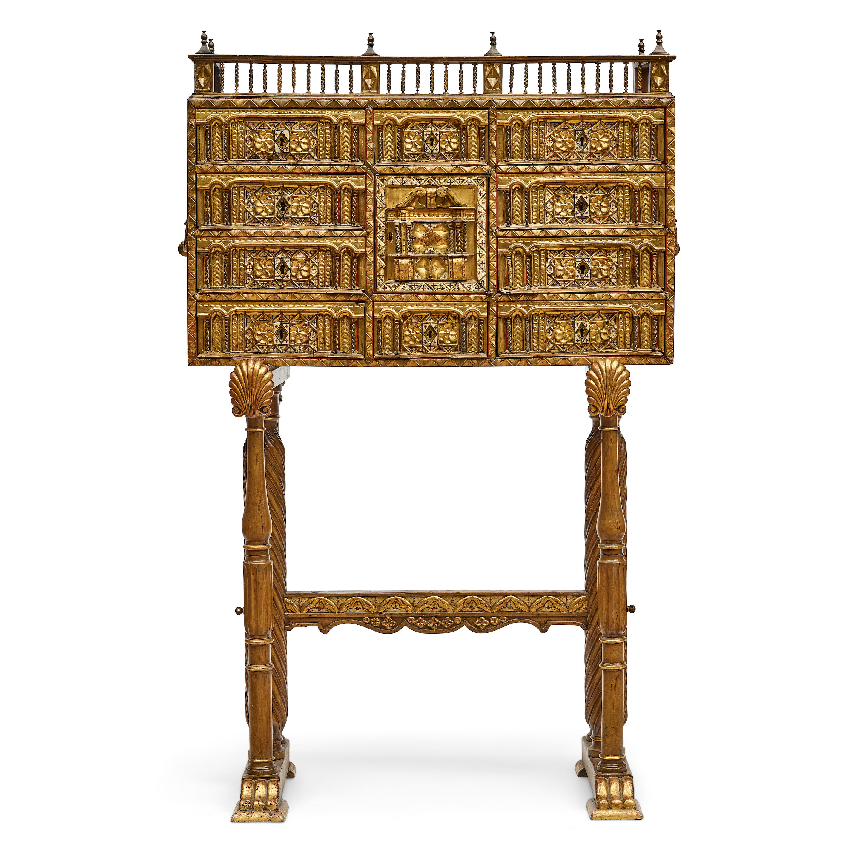 Appraisal: A SPANISH POLYCHROMED AND GILTWOOD VARGUE O ON STAND TH