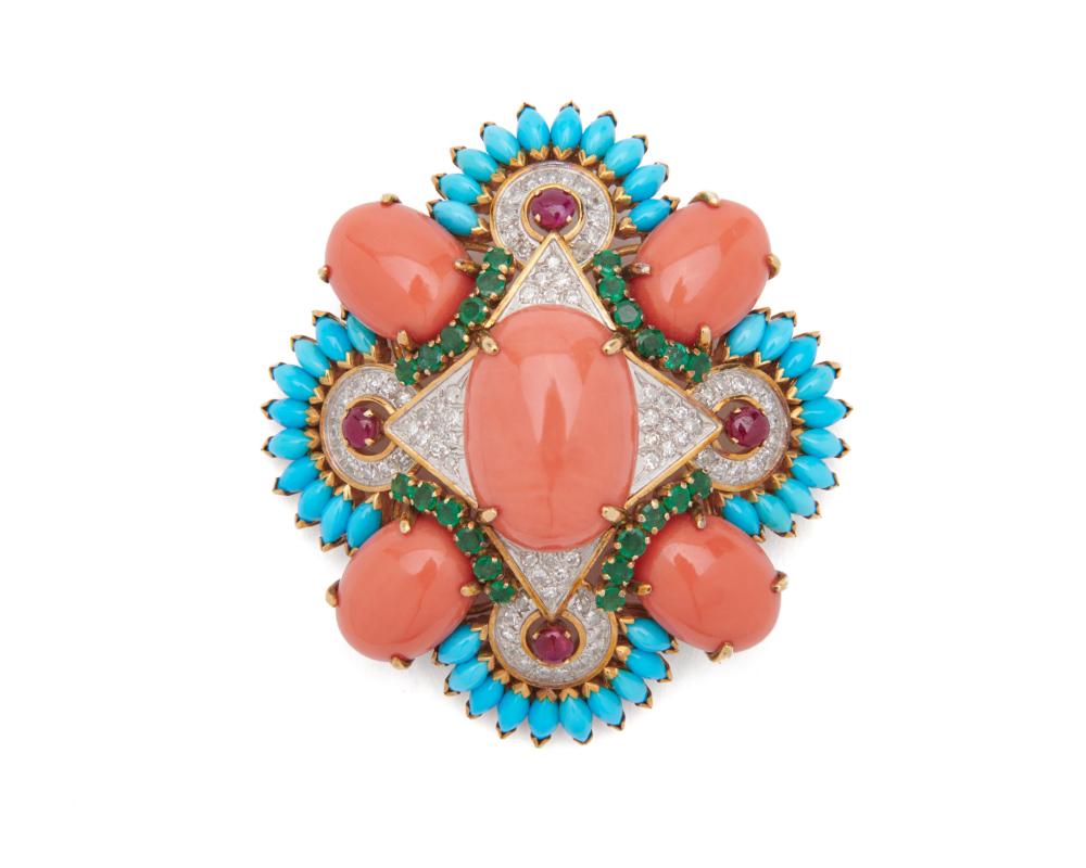 Appraisal: K Gold Coral Turquoise Emerald Ruby and Diamond Pendant Brooch