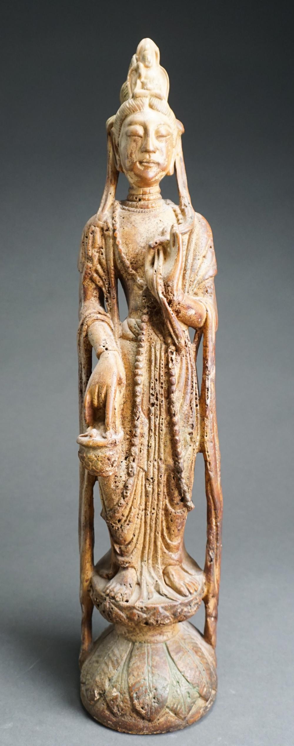 Appraisal: Chinese Partial Gilt and Painted Carved Wood Figure of Guanyin