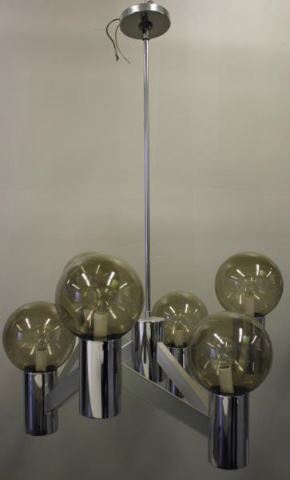 Appraisal: Midcentury Lightolier Chrome Chandelier with SmokeGlass Globe Shades Labeled Lightolier