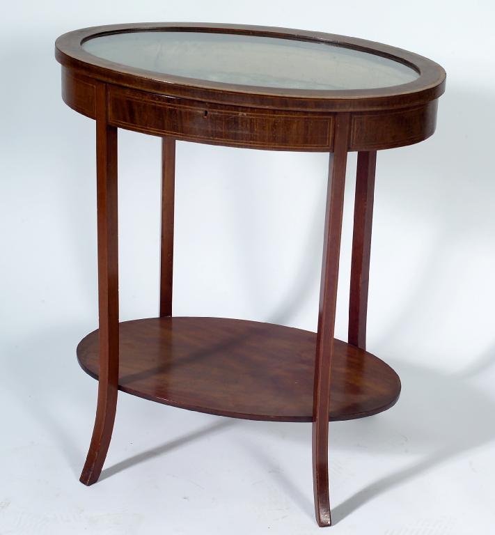 Appraisal: EDWARDIAN INLAID MAHOGANY VITRINE TABLE of oval form the hinged