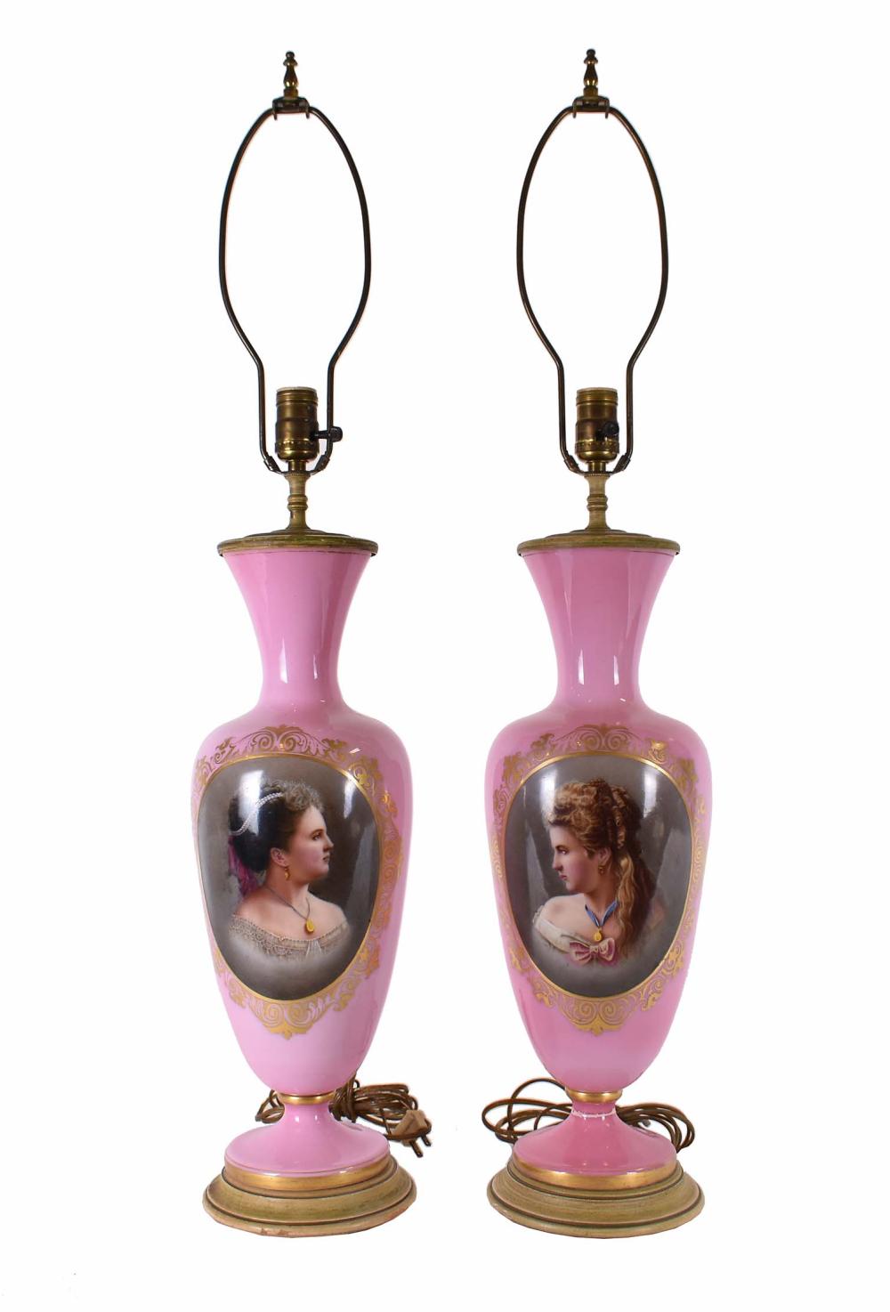 Appraisal: PAIR OF FRENCH PINK OPALINE VASES LAMPSCirca Now mounted as